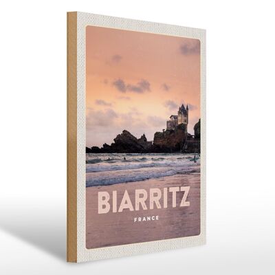 Holzschild Reise 30x40cm Biarritz France Felsenschloss Meer