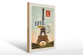 Panneau en bois Voyage 30x40cm Aspect timbre de la Tour Eifel 1