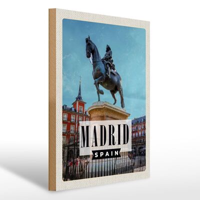 Holzschild Reise 30x40cm Madrid Spanien Reiterskulptur mit Pferd