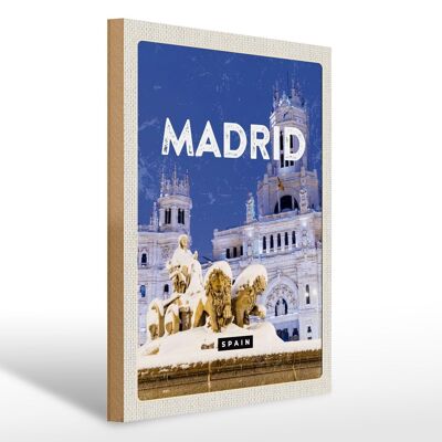 Holzschild Reise 30x40cm Madrid Spanien Winter Nacht Trip