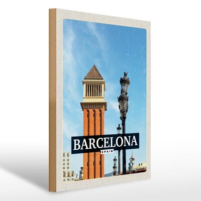 Cartel de madera viaje 30x40cm Barcelona España imagen etiqueta mosaico