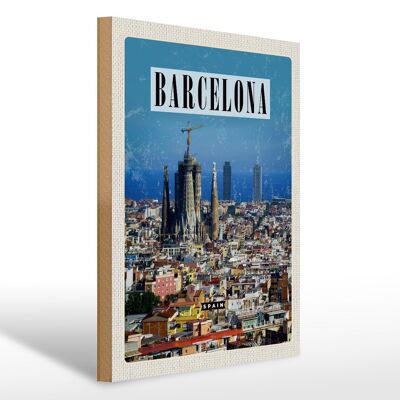Cartello in legno da viaggio 30x40 cm Barcellona Spagna vista sulla città