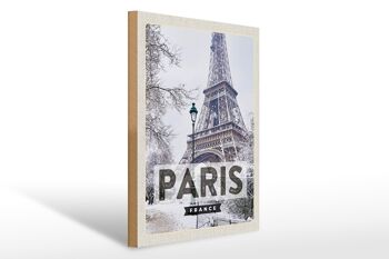 Panneau en bois voyage 30x40cm Paris France Tour Eiffel neige 1