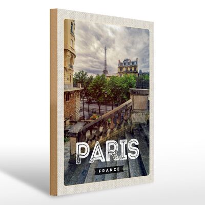 Wooden sign travel 30x40cm Paris France stairs Eiffel Tower city