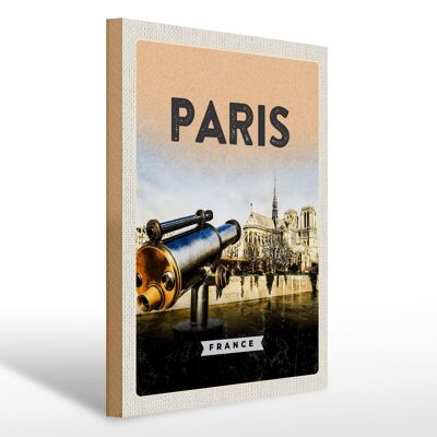 Wooden sign travel 30x40cm Paris binoculars Notre-Dame Cathedral