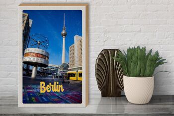 Panneau en bois voyage 30x40cm Berlin Allemagne horloge Alexanderplatz 3