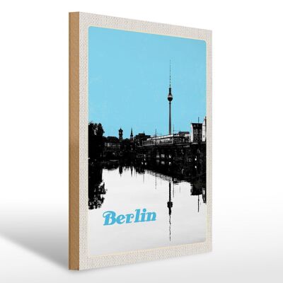 Cartel de madera viaje 30x40cm Berlín Alemania río blanco negro