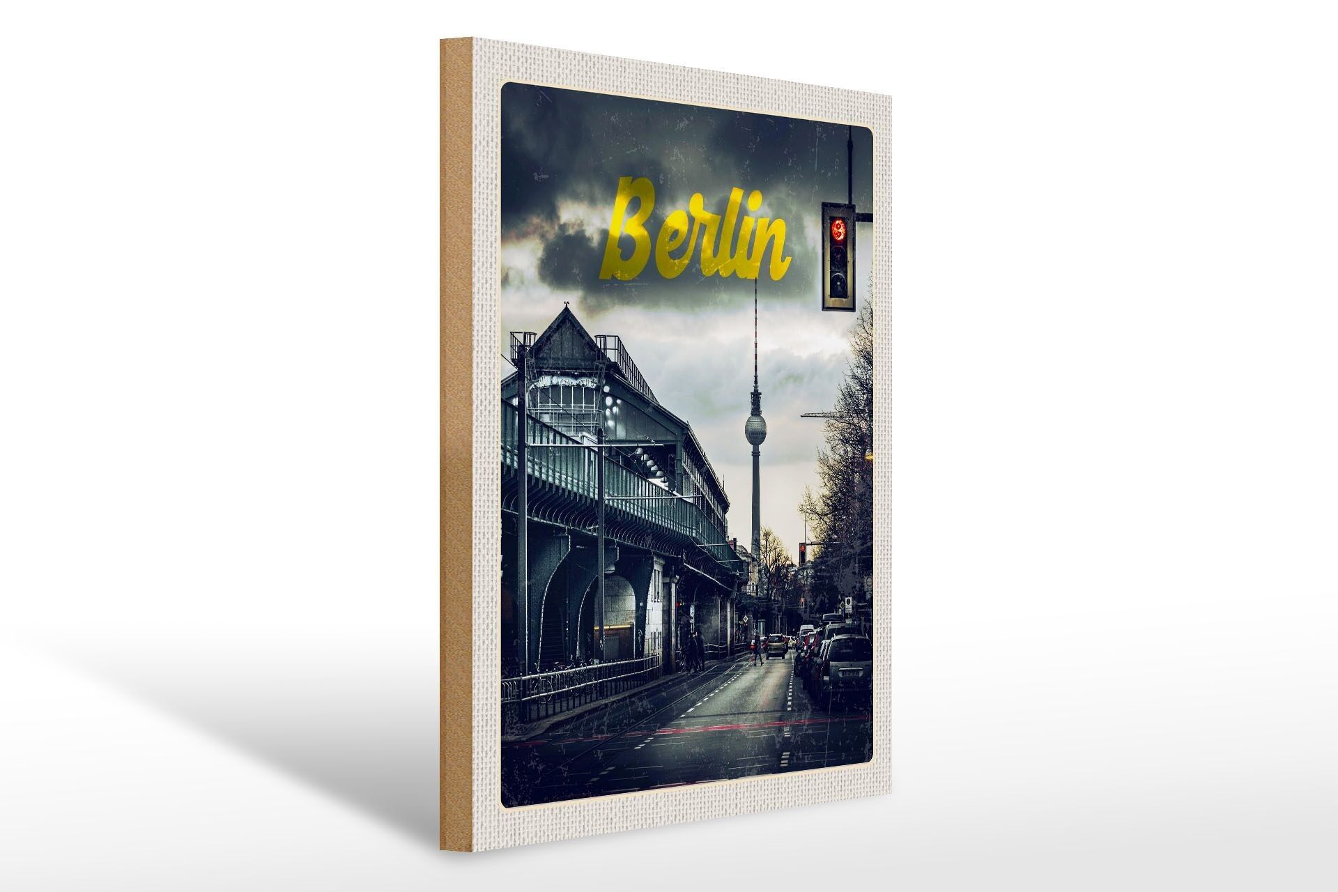 Cartel de madera viaje 30x40 cm Estación de tren de Berlín Torre de televisión por la noche