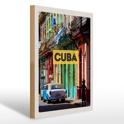 Cartel de madera viaje 30x40cm Cuba Caribe casa de coches antiguos callejón