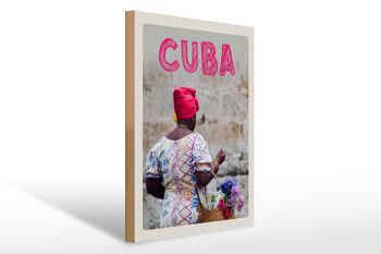 Panneau en bois voyage 30x40cm Cuba Caraïbe femme panier avec fleurs 1