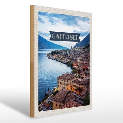 Cartel de madera viaje 30x40cm Lago de Garda Italia vista ciudad lago