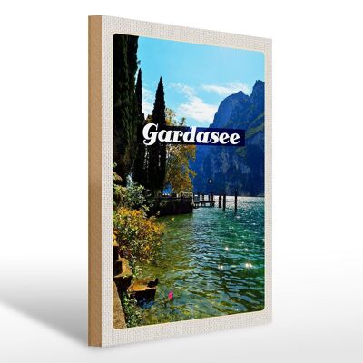 Cartel de madera viaje 30x40cm Lago de Garda Italia lago árboles edificios