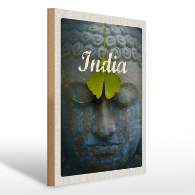 Cartello in legno da viaggio 30x40 cm India Dipinto con testa di Buddha e foglia