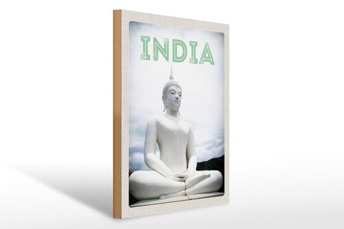 Holzschild Reise 30x40cm Indien weiße Buddha Skulptur
