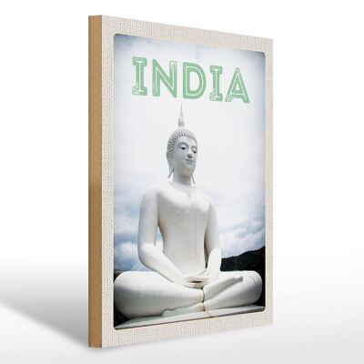 Wooden sign travel 30x40cm India white Buddha sculpture