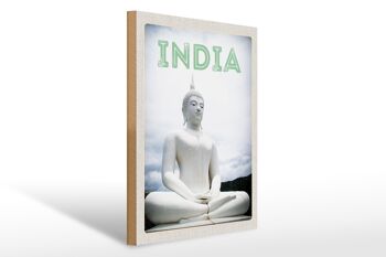 Panneau en bois voyage 30x40cm Inde sculpture Bouddha blanc 1