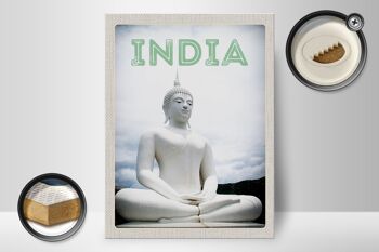 Panneau en bois voyage 30x40cm Inde sculpture Bouddha blanc 2