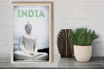 Panneau en bois voyage 30x40cm Inde sculpture Bouddha blanc 3