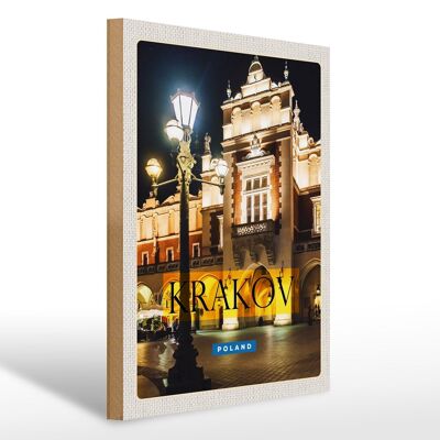 Cartello in legno da viaggio 30x40 cm Cracovia Polonia città di notte lanterna