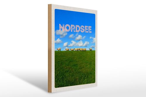 Holzschild Reise 30x40cm Nordsee Wolken Wiese Schafe Natur