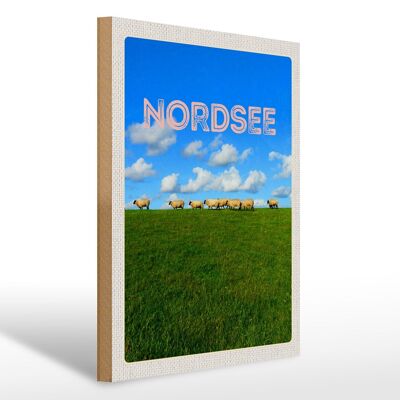 Cartello in legno da viaggio 30x40 cm Mare del Nord nuvole prato pecora natura