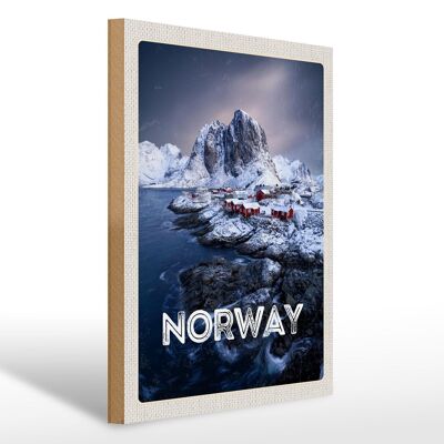 Wooden sign travel 30x40cm Norway winter time frost cold sea
