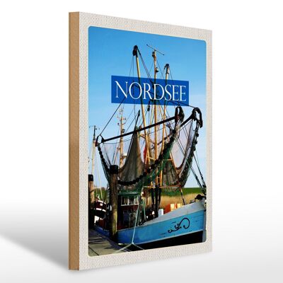 Cartel de madera viaje 30x40cm Mar del Norte barco de pesca red de pesca mar