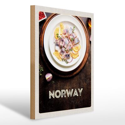 Cartel de madera viaje 30x40cm Noruega platos de pescado limón cebolla