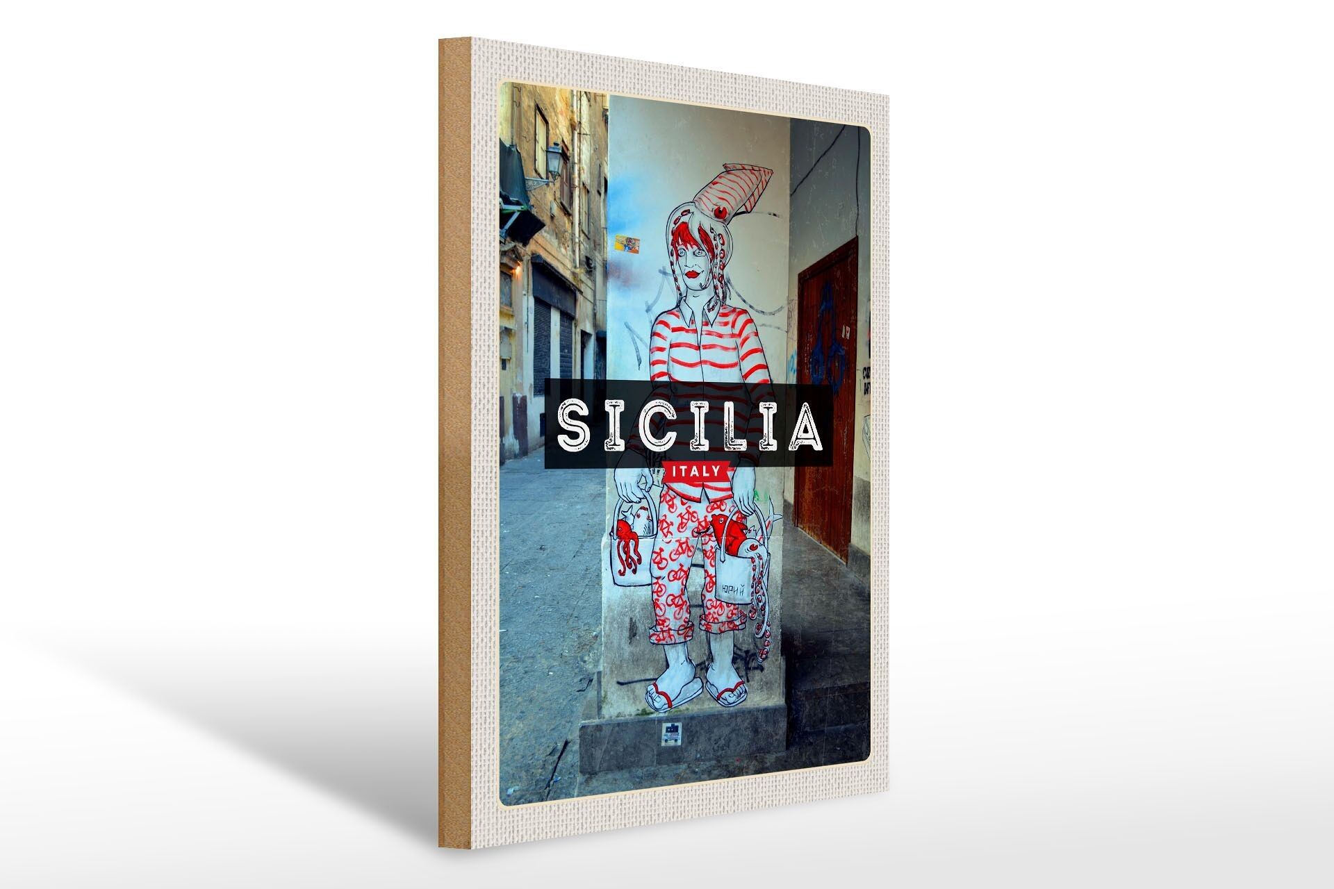 Cartello da viaggio in legno 30x40cm Dipinto Sicilia uomo calamaro