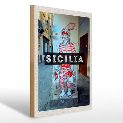 Cartello da viaggio in legno 30x40cm Dipinto Sicilia uomo calamaro