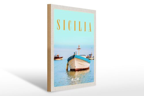 Holzschild Reise 30x40cm Sizilien Italien Boot Ufer Strand Meer