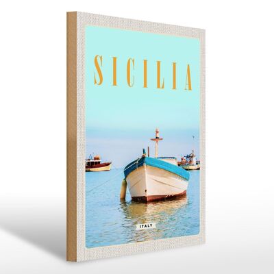Cartel de madera viaje 30x40cm Sicilia Italia barco orilla playa mar