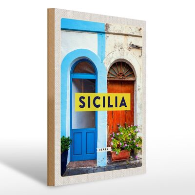 Cartel de madera viaje 30x40cm Sicilia arquitectura flor medieval