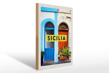Panneau en bois voyage 30x40cm Sicile architecture fleur médiévale 1