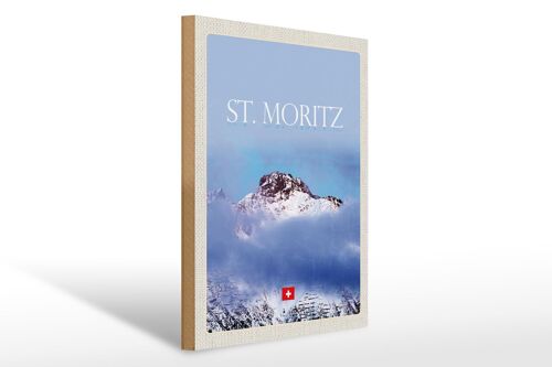 Holzschild Reise 30x40cm St. Moritz Aussicht auf Berg Spitze