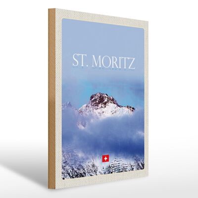 Holzschild Reise 30x40cm St. Moritz Aussicht auf Berg Spitze