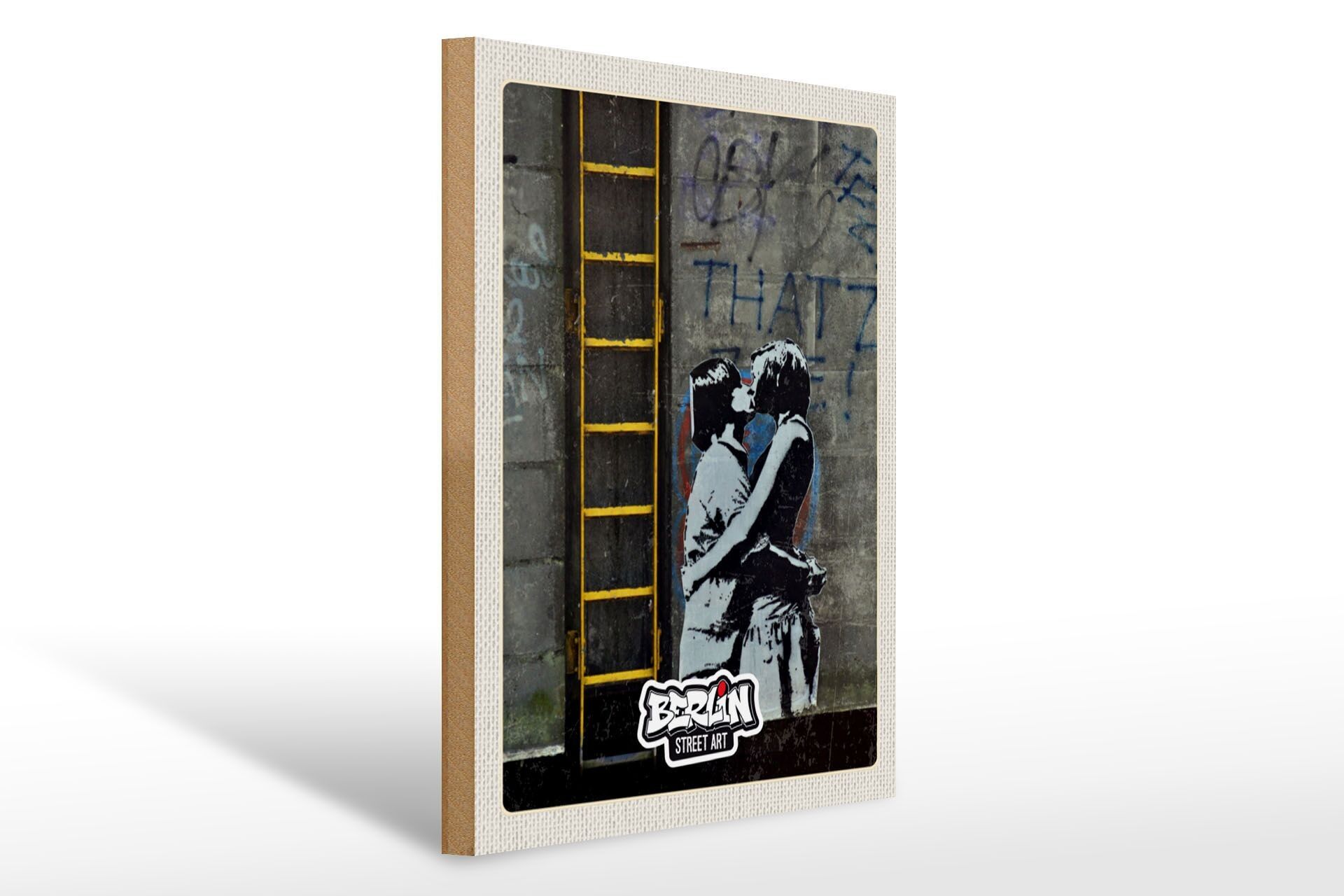 Cartello in legno da viaggio 30x40 cm Berlino Baciare Graffiti Street Art