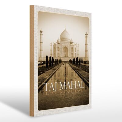 Cartello in legno da viaggio 30x40 cm India nero bianco Taj Mahal