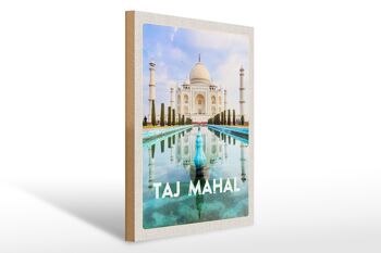 Panneau en bois voyage 30x40cm Inde devant jardin Taj Mahal 1