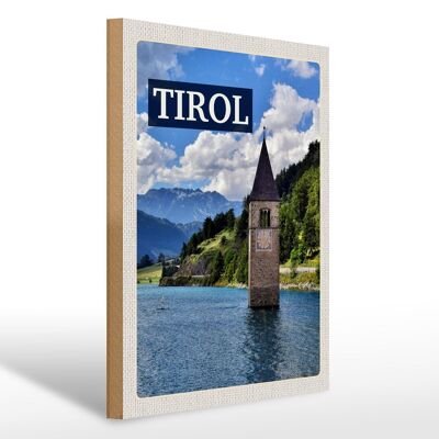 Holzschild Reise 30x40cm Tirol Österreich Kirchturm im Wasser