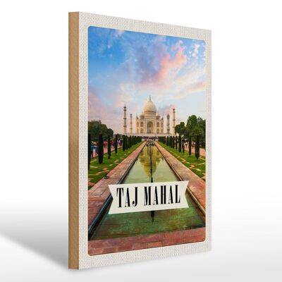 Cartel de madera viaje 30x40cm India Taj Mahal Agra Jardín Árboles