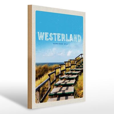 Cartel de madera viaje 30x40cm Pasarela Westerland en la playa viaje al mar