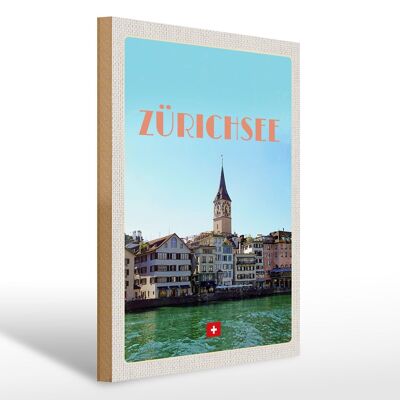Cartello in legno da viaggio 30x40 cm Zurigo Svizzera vista sul lago e sulla città
