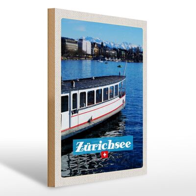 Panneau en bois voyage 30x40cm Zurich bateau bateau lac ville montagnes