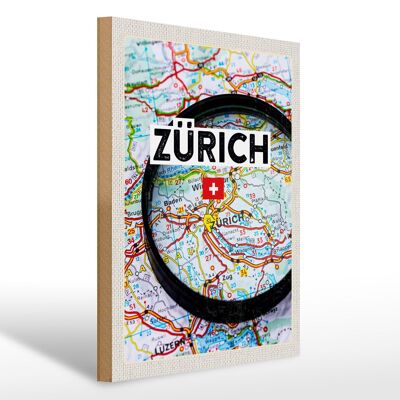 Holzschild Reise 30x40cm Zürich Schweiz Karte Lupe Stadt