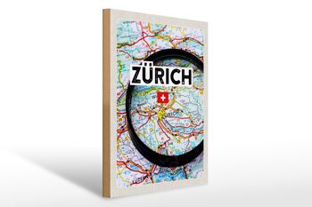 Panneau en bois voyage 30x40cm Zurich Suisse carte loupe ville 1