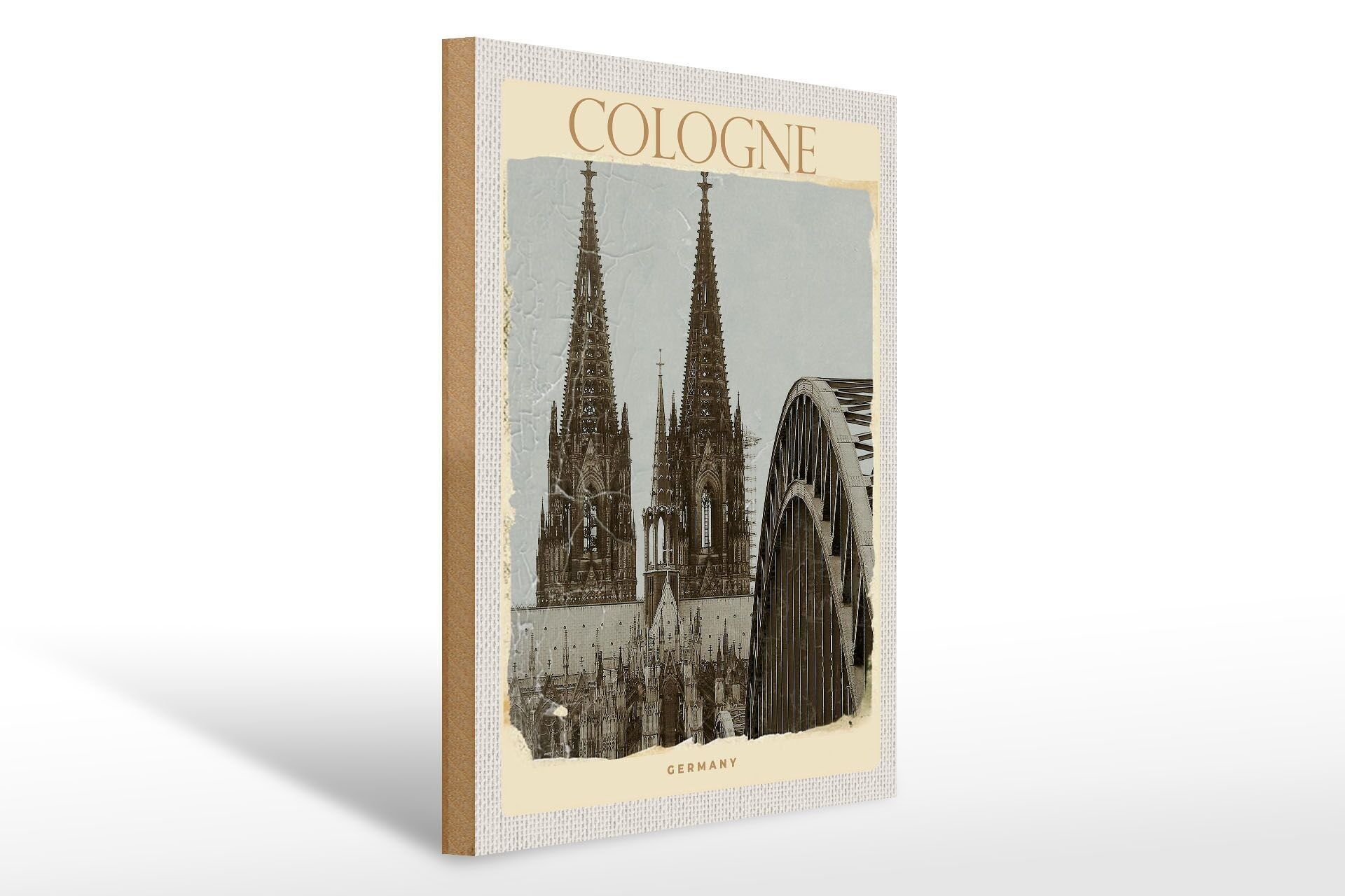 Wooden sign travel 30x40cm Cologne Cathedral Bridge black white