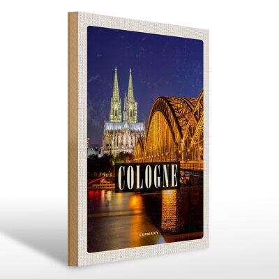 Cartel de madera viaje 30x40cm Puente de Colonia catedral de la ciudad luces de noche