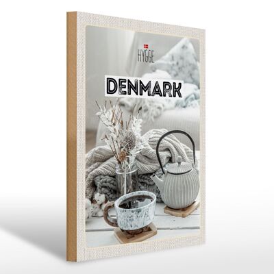 Holzschild Reise 30x40cm Dänemark weiß Teekanne gemütlich Decke