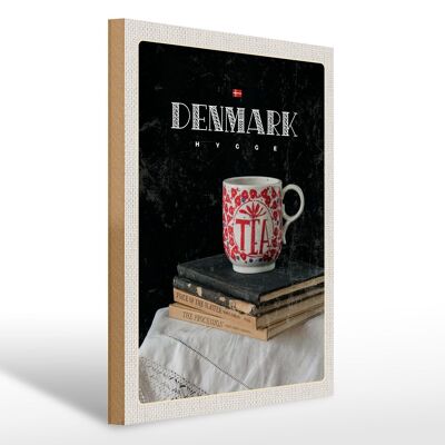 Letrero de madera de viaje 30x40cm Dinamarca taza de té libros mantel